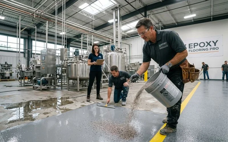 Broadcast aggregate anti-slip finish applied in wet processing zone food facility