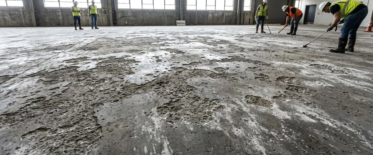 Acid damaged concrete floor before novolac epoxy installation in Michigan facility