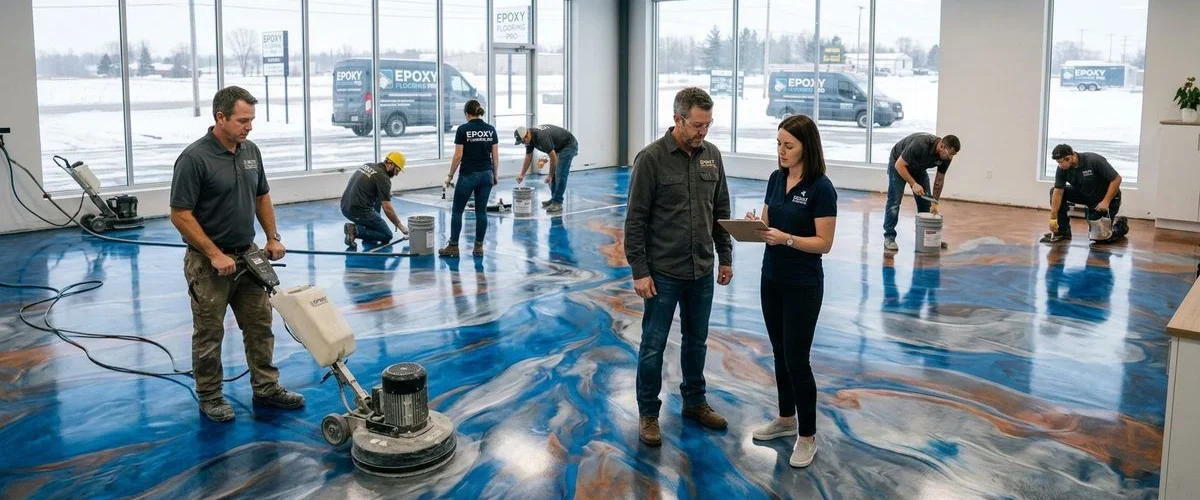 Metallic epoxy showroom floor with custom swirl pattern in Michigan