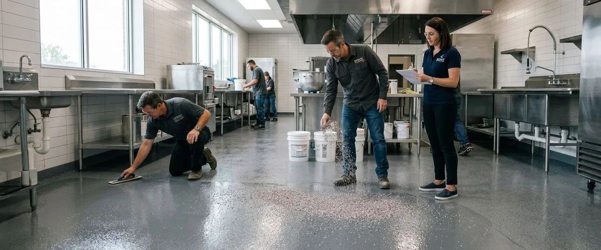 Decorative quartz floor system in a Michigan commercial restaurant kitchen